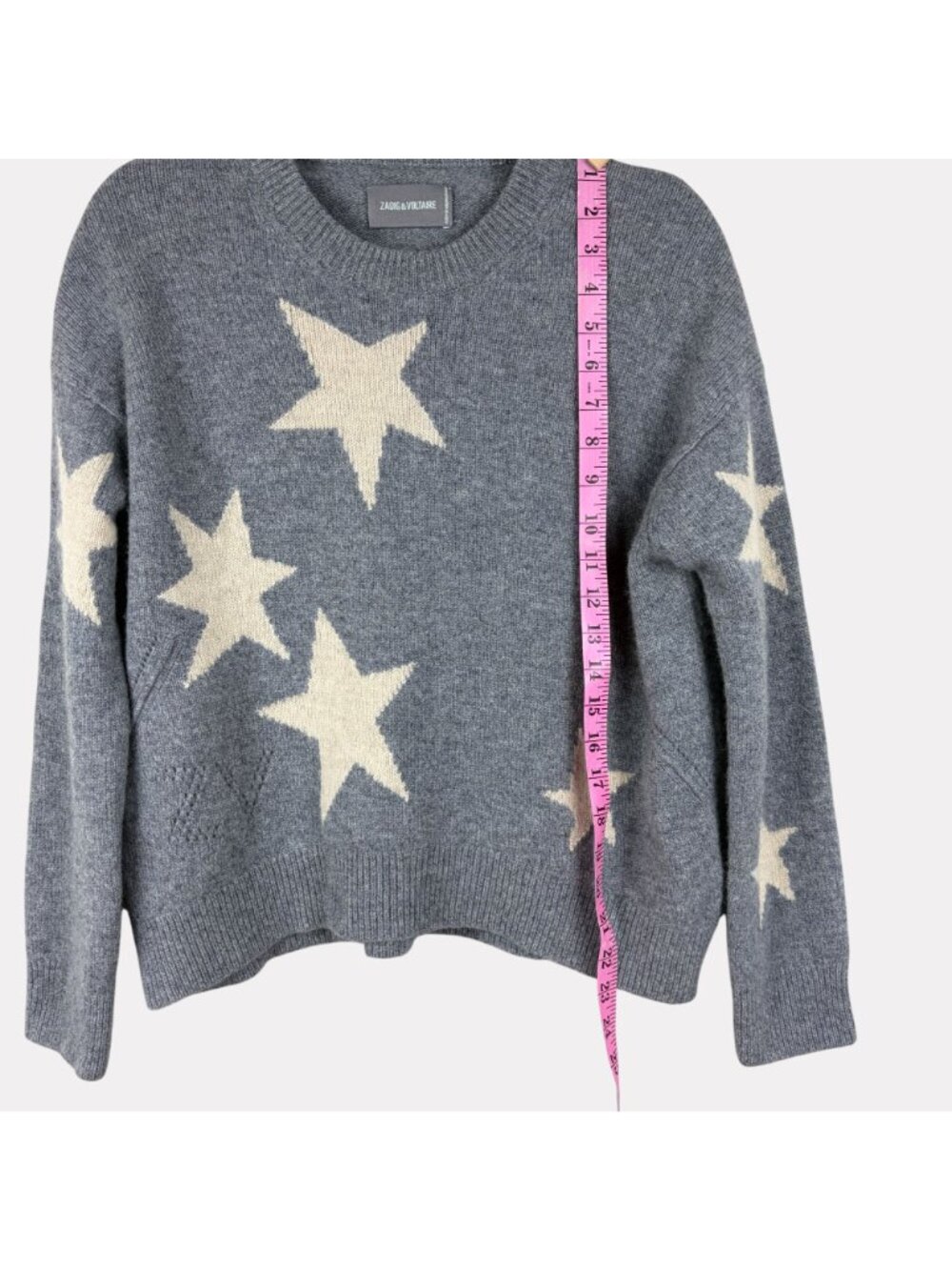 Zadig & Voltaire Markus C Star Cashmere Sweater Womens Small Gray Cream Crew - Picture 4 of 9